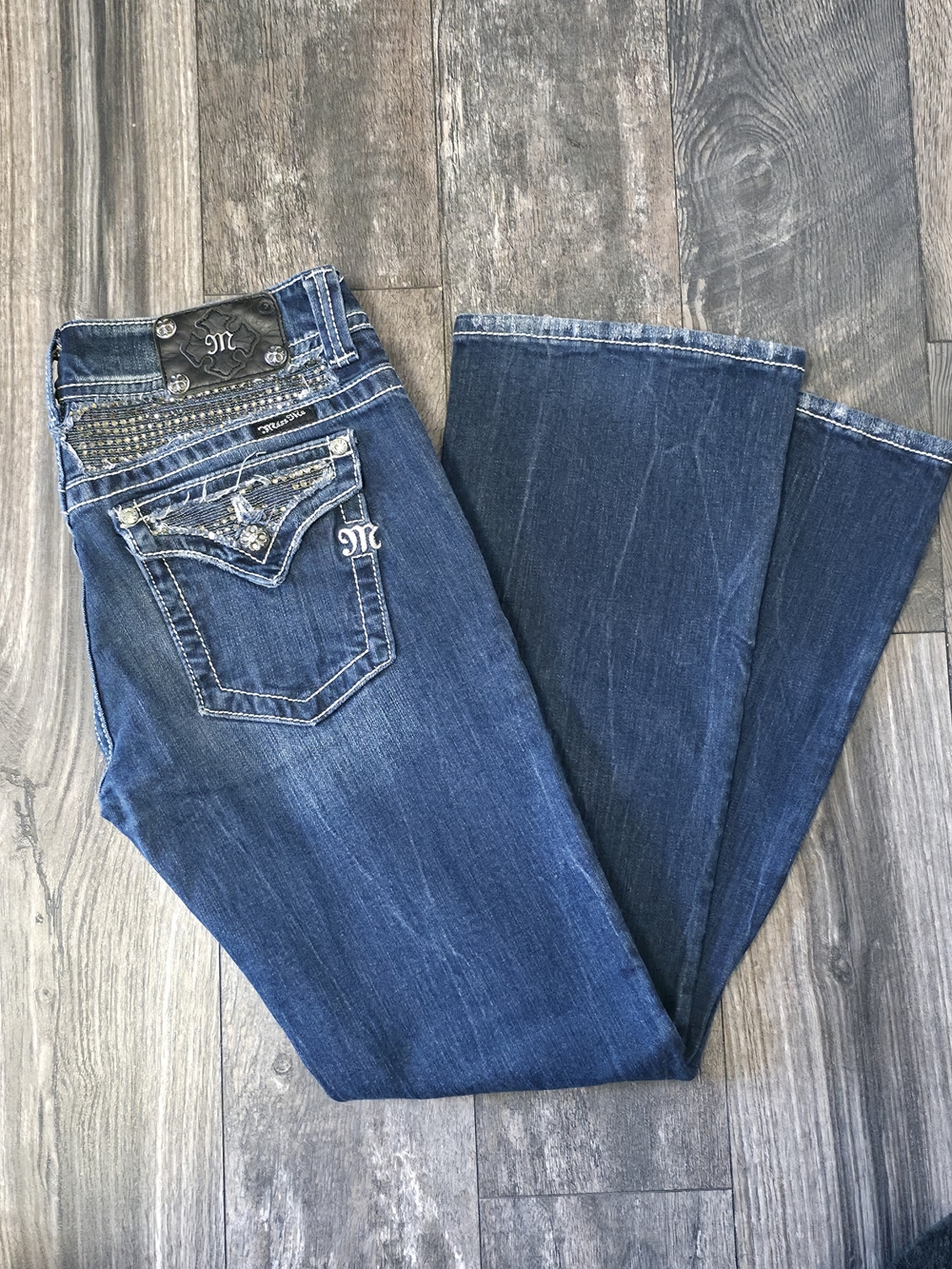 Miss Me Dark Blue Bootcut Jeans with Embellished Pockets